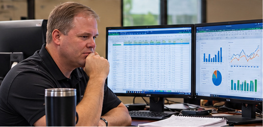 Troy reviewing performance dashboards and analytics at his workstation