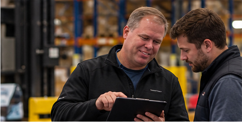 Troy reviewing a process on a tablet with a team member in the warehouse