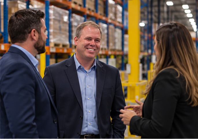 Troy leading a discussion with his team on the warehouse floor